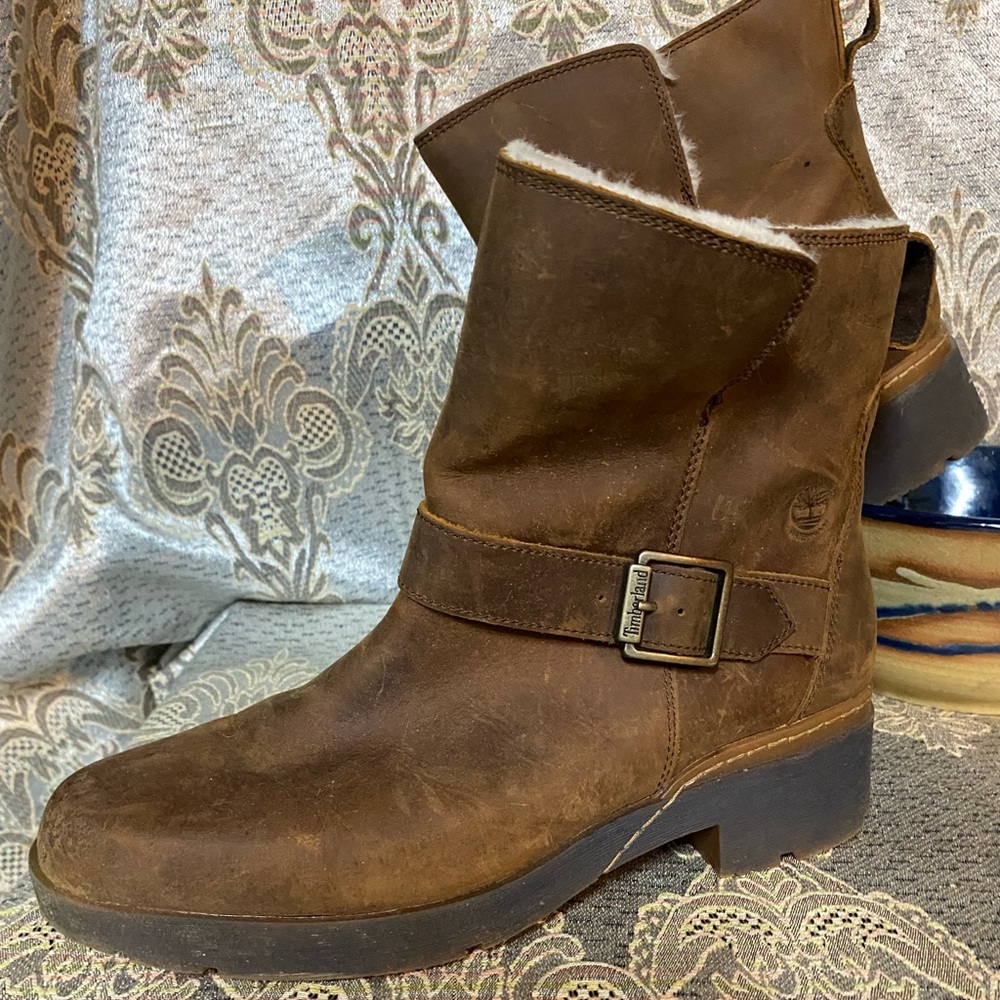 Timberland Brown Leather Shearling-Trim Ankle Boots